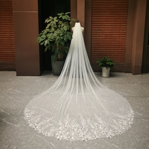 Floral Lace Wedding Veil with Sequins Ivory Bridal Veil Lace Edged Wedding Veil for Bride Cathedral Veil Chapel Veil Elbow Veil Custom Veil