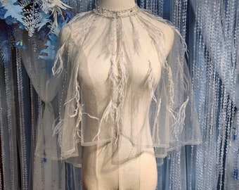 Capa de boda de lujo con cuentas de plumas de avestruz / Capa de boda de tul gris champán marfil / Capa de novia elegante
