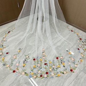 Colorful Floral Lace Wedding Veil, Cathedral Veil 118&quot; Ivory Veil, Rainbow Embroidery Flowers Lace Bridal Veil, Leaf Lace Veil, Fingertip