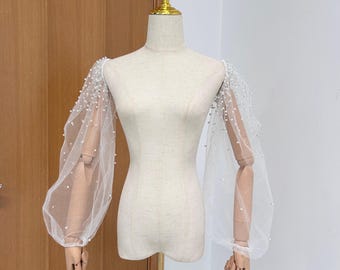 Glittering Tulle Long Bridal Sleeves with Pearls/Pearls Detachable Sleeves/Removable Bridal Sleeves/Custom Wedding Sleeves/Wedding Accessory