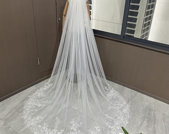 Crystal Beads Flower Lace Bridal Veil, Fairy Pearl Floral Veil, Cathedral Flowery Veil, White/Ivory/Beige Tulle Wedding Veil, Glamorous Veil