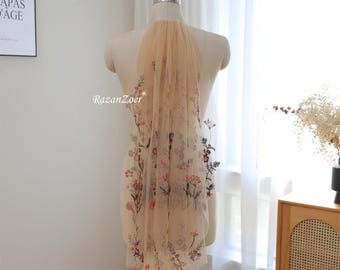 Dark Champagne Tulle Lace Wedding Veil Fingertip Bridal Veil Floral Lace Veil 1T Short Veil with Flower Lace, Picture Length 32"