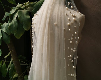 Pearls glitter tulle veil/Shiny sparkle Veil/Wedding veil/Bridal veil/Veil for bride/Cathedral veil/Chapel veil/Elbow Veil
