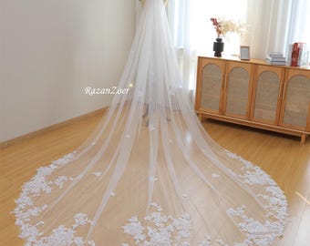 Leaf Lace Wedding Veil with Applique Exquisite Lace Floral Leaf Tulle Lace Veil 1T Cathedral Veil Bridal Wedding Veil Comb Customize
