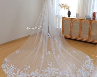 Large Leaf Lace Wedding Veil with Applique Exquisite Lace Floral Leaf Tulle Lace Veil 1T Cathedral Veil Bridal Wedding Veil Comb Customize