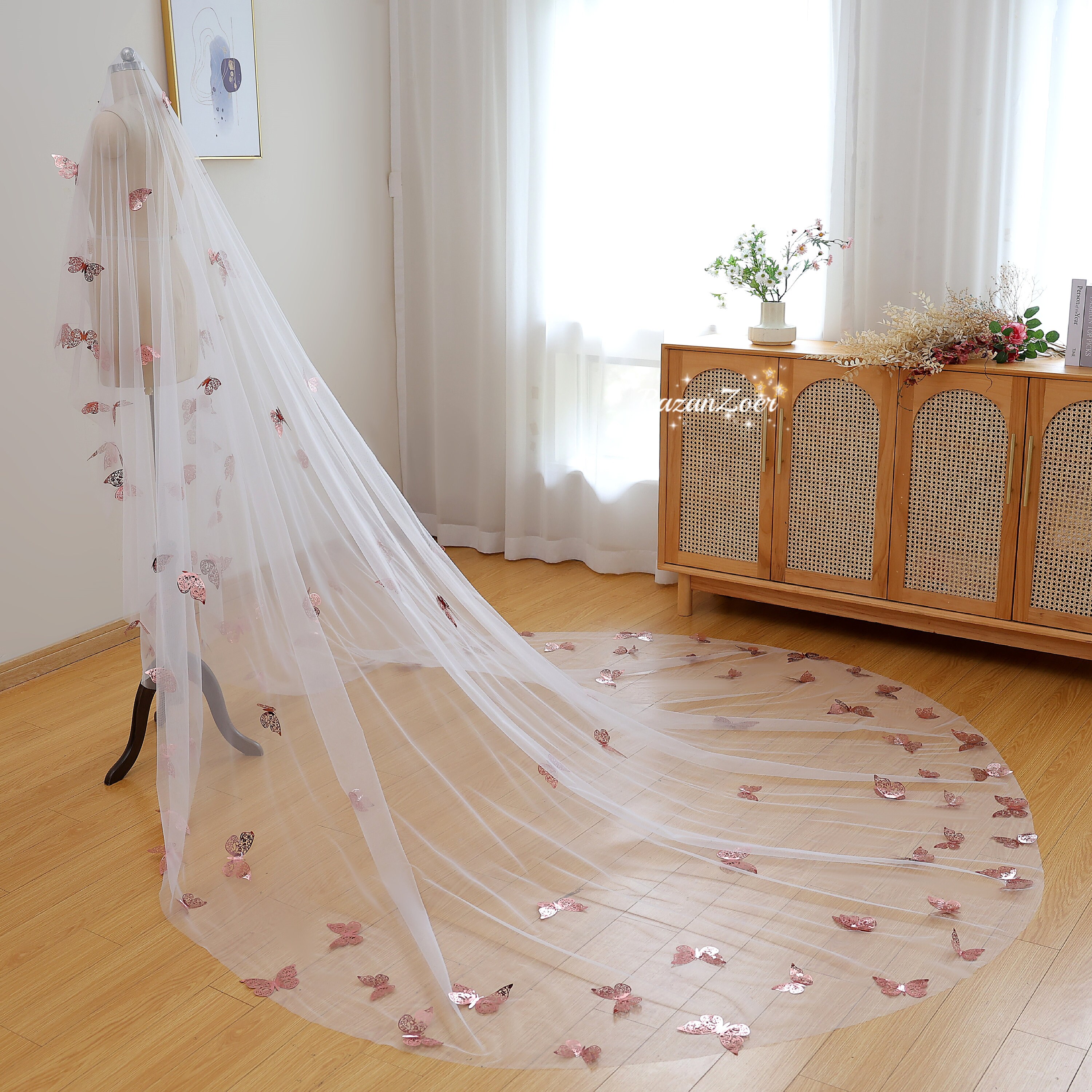 Rose Gold 3D Butterflies Bridal Veil, Cathedral Wedding Veil,butterfly Rose Gold 3D Butterflies Bridal Veil, Cathedral Wedding Veil,butterfly