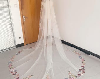 Colorful Floral Lace Trim Veil, Lace Edge Bridal Veil, Mantilla Lace Wedding Veil, Chantilly Lace Veil, Church Wedding Veil