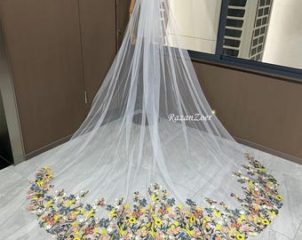 ワイルドフラワーレースブライダルベールロングカテドラル、グリーン