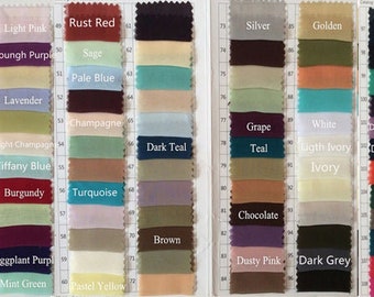May include: A colour chart with 60 fabric swatches in various colours, including red, blue, green, yellow, orange, purple, pink, brown, grey, black, and white. The chart is labelled "Chiffon" at the bottom.