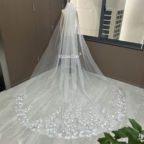 Wedding White Lace Bridal Veil Rhinestone Leaf Comb Luxury Rhinestone Cathedral Bride Veil White Ivory Lace Vail  main image 3