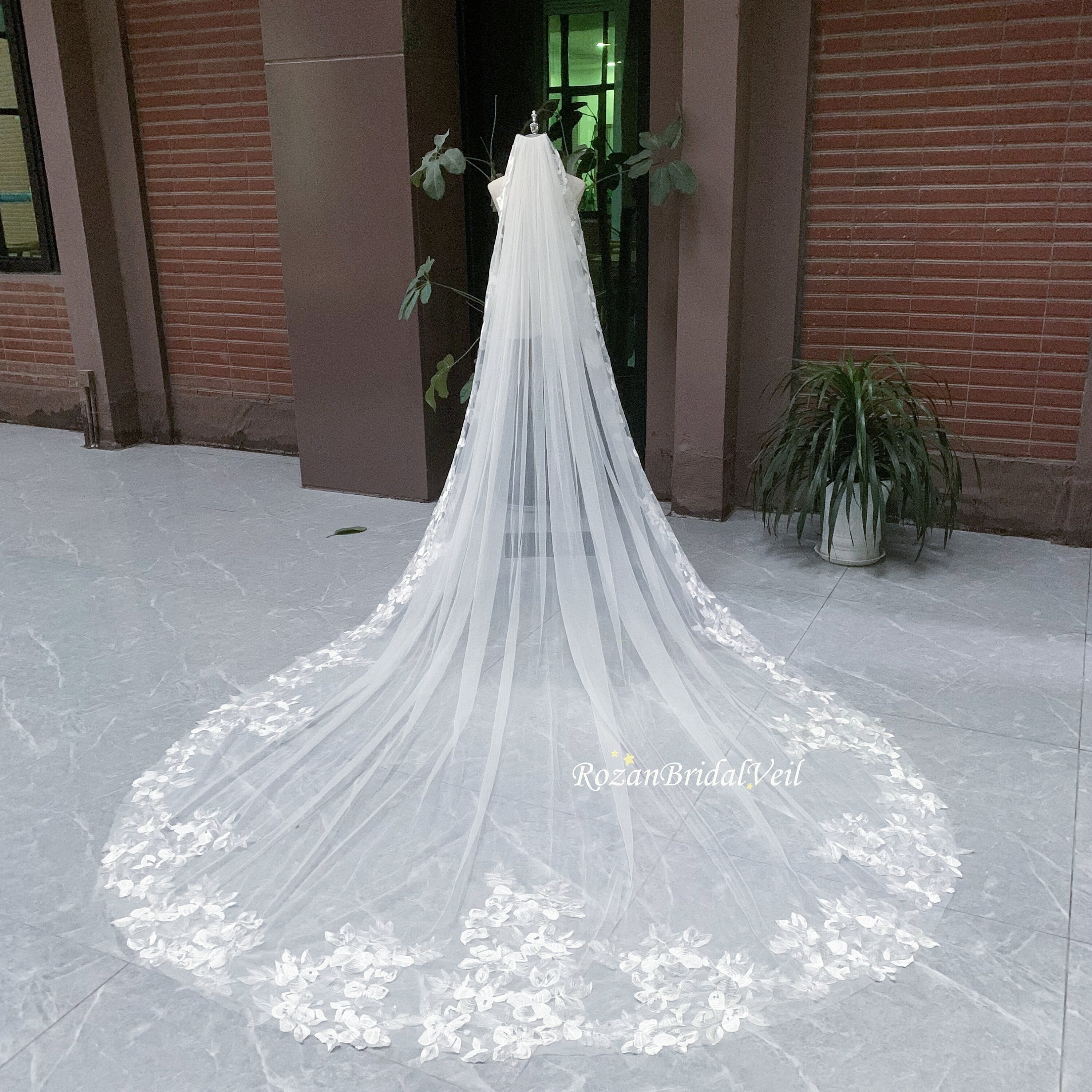 Altier White Lace Wedding extra long pierlot floral Veil Pierlot Veil | Floral Tulle Veil – Grace Loves Lace US main image 4