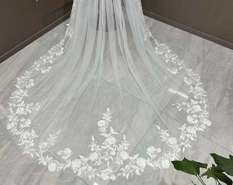 Romantic Rose Flower Lace Wedding Veil Cathedral Chapel Veil,Embroidery Lace Veil,Fairy Bridal Veil,Handmade Customized Veil, Floral Veil