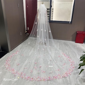 Romantic Pink 3D Flower Veil， Pearl Floral Veil Boho Wedding Veil, Circle Chapel Cathedral Veil Bridal Veil, Flower Appliques Veil