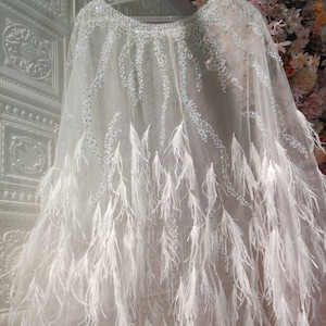 Ostrich feather beaded luxury wedding cape/ Ivory tulle wedding capelet/ Elegant bridal capelet