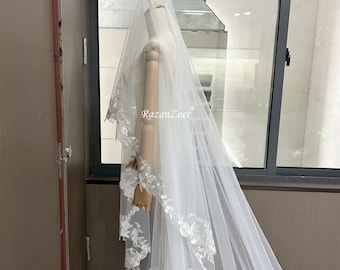 Full Lace Trimming Lace Veil 2T Wedding Veil with Blusher, Bridal Veil, Rose Flower Lace Veil, Custom Lace Trim Veil, with/without Comb