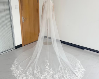 Sequin Flower Embroidery Lace Veil, Lace Edge Bridal Veil, Church Wedding Veil, Scalloped Edge Veil