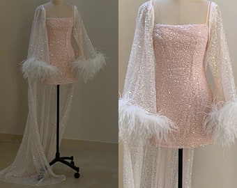 Ostrich Feather Sequins Bridal Robe Dress Set/ Luxury Shiny White Long Robe & Pink Slip Mini Dress/ Wedding Robe with Train