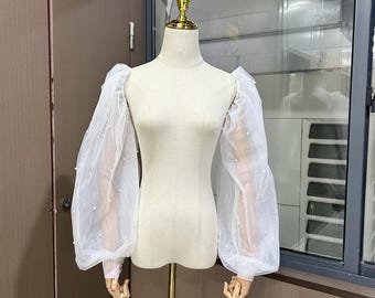 Pearl Tulle Sleeves with Buttons, Detachable Sleeves for Wedding Dress, Bridal Sleeves, Removable Bicep Sleeves, Custom Wedding Sleeves