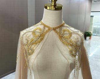 Gold Beaded luxury wedding cape | Champagne long bridal cape | Wedding shoulder train | Long wedding cape veil | Bridal cover up