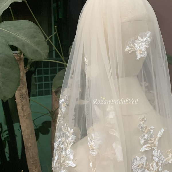 Champagne wedding veil/Short veil/Bridal veil/Floral veil/Peony veil/Custom veil/Cathedral Veil/Ivory veil for bride/White wedding veil boho