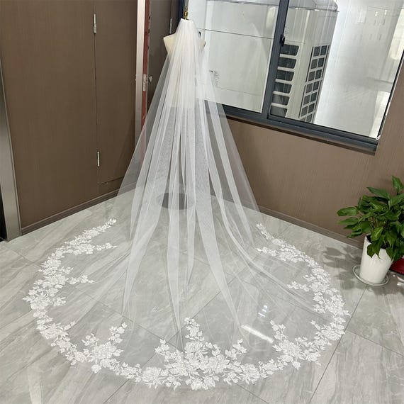 Rose Floral Lace Wedding Veil, Chapel Veil 118