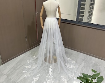 Tulle Lace Skirt, Custom Train for Wedding Bridal Dress, Peony Floral Lace Waist Train, Detachable Train, Removable Tulle Overskirt