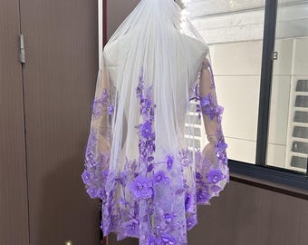 Lavender Purple Bridal Veil with Comb – fingertip Length Lavender Flower Wedding Veil, Embroidered Tulle White Floral  main image 3