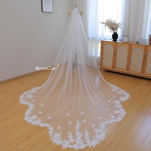 Puede incluir: Un velo de novia largo de tul blanco con un borde de encaje festoneado. El encaje presenta un diseño floral con delicadas flores y hojas blancas.