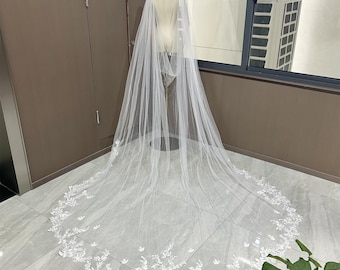 Handmade Lace Cape Veil with Shoulder Pins, Floral Leaf Embroidery Cape Veil, Elegant Tulle Cape Veil, Round Cathedral Veil, Custom Veil