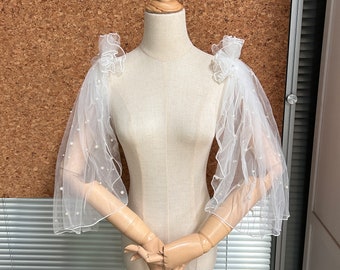 Tulle Pearls Bridal Sleeves/ Detachable Sleeves for Wedding Dress/ Removable Bridal Sleeves/Shoulder Wedding Sleeves
