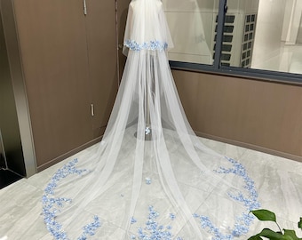2T Blusher Veil, Blue Pearl Flower Lace Wedding Veil, Cathedral Veil, Soft Tulle Bridal Veil, Blue Floral Applique Veil, with Metal Comb