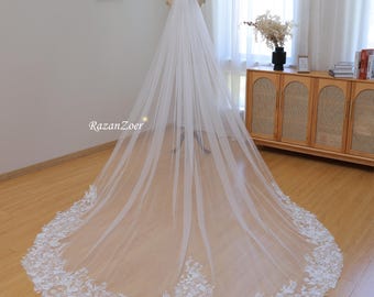 Flower Lace Embroidery Wedding Veil Circle Veil Cathedral Veil Chapel, 1T Long Bridal Veil with Comb, Leaf Floral Lace Veil Custom