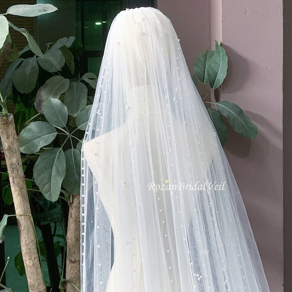Elegant White Tulle Veil with Pearls Generic Pearl Wedding Veil, Tulle Bridal Veil with Pearls  main image 3