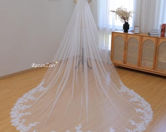 Plant Leaves Lace Applique Wedding Veil Sequined Veil Chapel Cathedral Veil, Long Wedding Veil with Comb, Leaf Lace Veil Custom 1T Veil