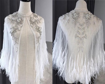 Flower Lace Feather Wedding Cape / Ostrich feather beaded luxury wedding cape/ White tulle wedding capelet/ Elegant bridal capelet