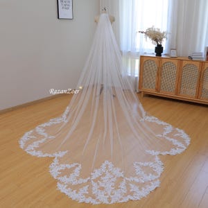 May include: A long, white bridal veil with a delicate lace trim. The veil is made of soft tulle and has a cathedral length.