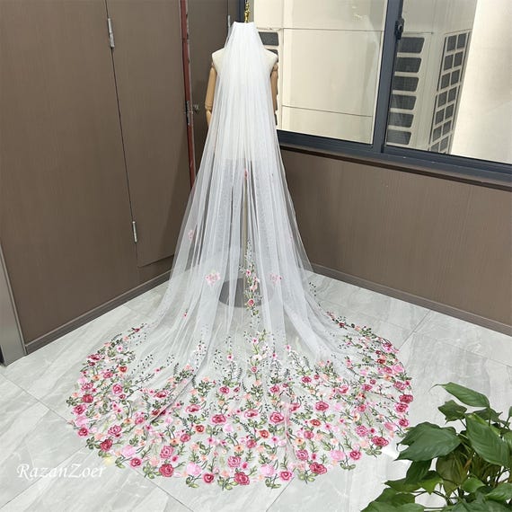Colorful Pink Rose Flower Veil, Green Leaf Lace Embroidery  display picture 3