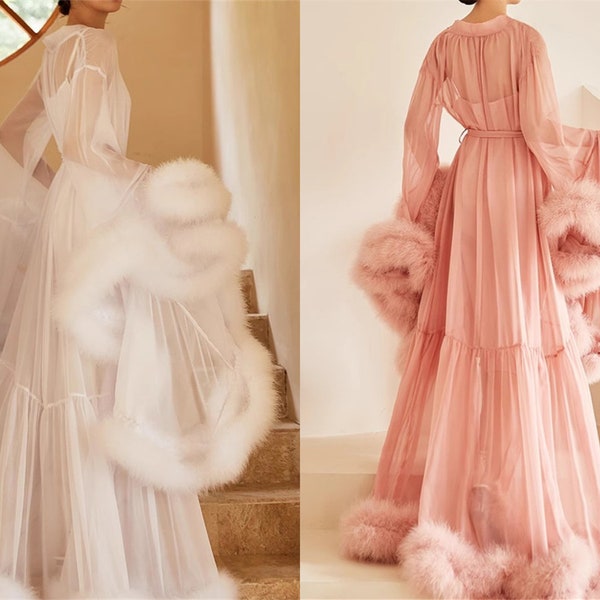 Marabou Feather Chiffon Bridal Robe Dress Set/ Luxury Feather Long Robe & Slip Dress/ Wedding Robe with Train/ Bridal Party Robe