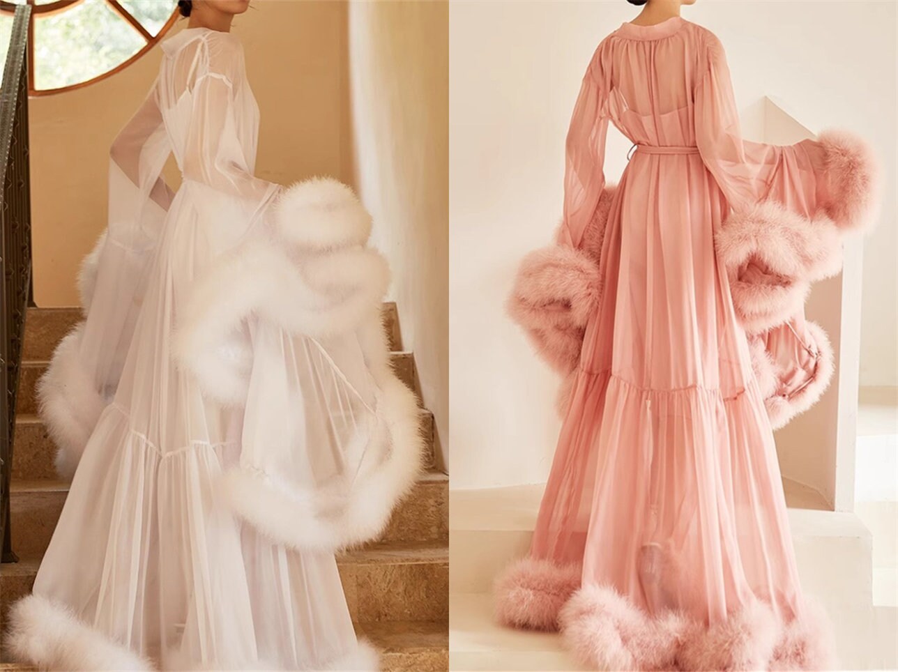 Chiffon Robe With Fur Etsy