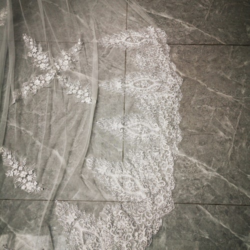 Floral shiny lace authentic veil/Ivory bridal veil/Embroidery wedding veil/Veil for bride/Cathedral veil/Chapel veil/Elbow Veil