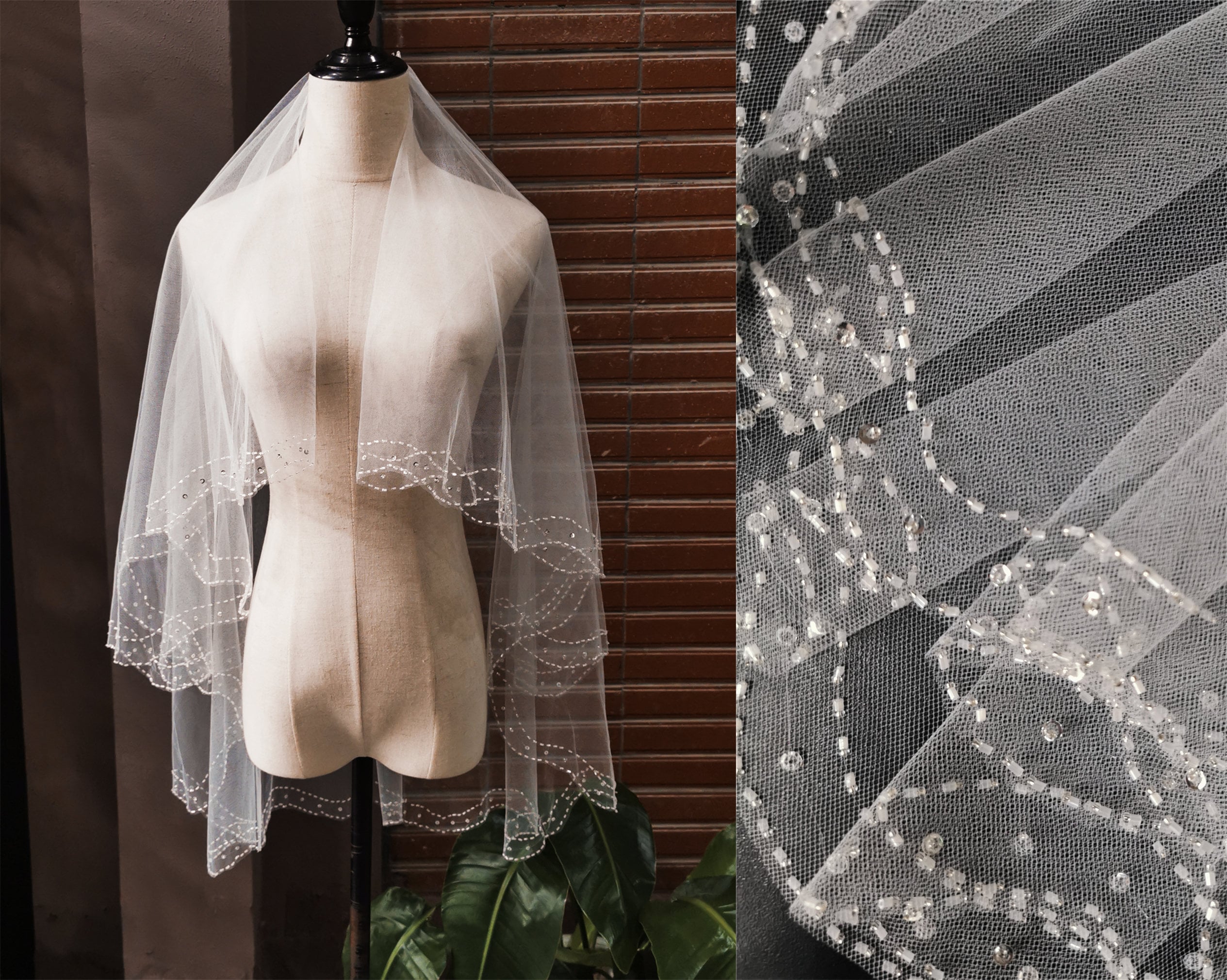 Beads edge veil/Short wedding veil/Elbow bridal veil/Fingertip veil/Two layers veil/Ivory Veil/White bridal veil/Bohemian veil/Classic veil