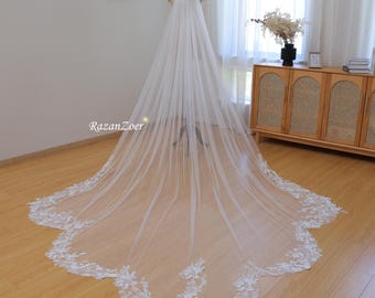 Flower Lace Embroidery Wedding Veil Lace Trim Veil Cathedral Veil Chapel, 1T Long Bridal Veil with Comb, Leaf Floral Lace Veil Custom