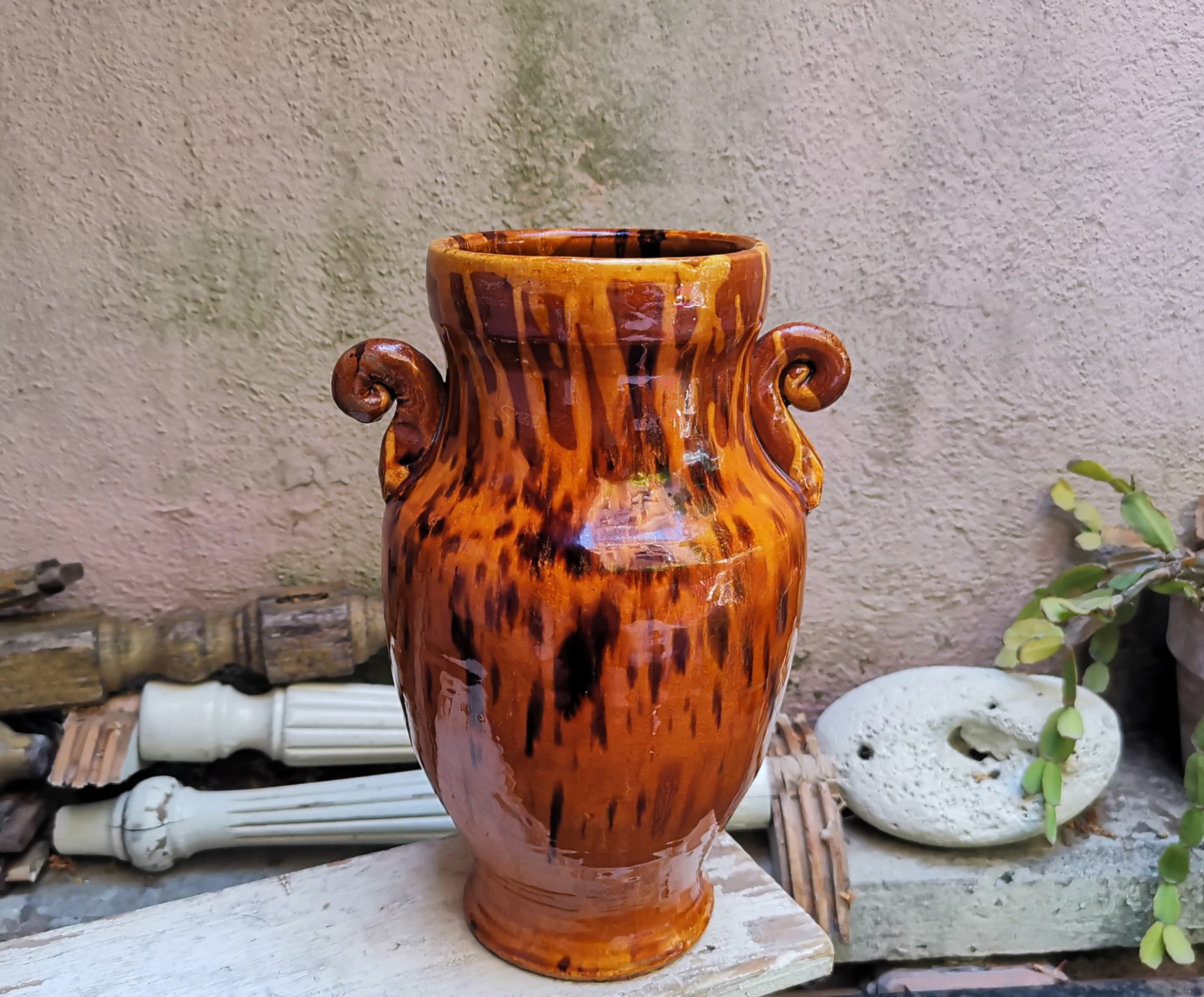 Vintage flower vase in glazed terracotta, handmade in Italy, from