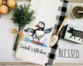puffin kitchen towel: personalized towel,personalized gift,cute puffin,whimsical gift,puffin lover gift,whimsical gift,friend birthday gift