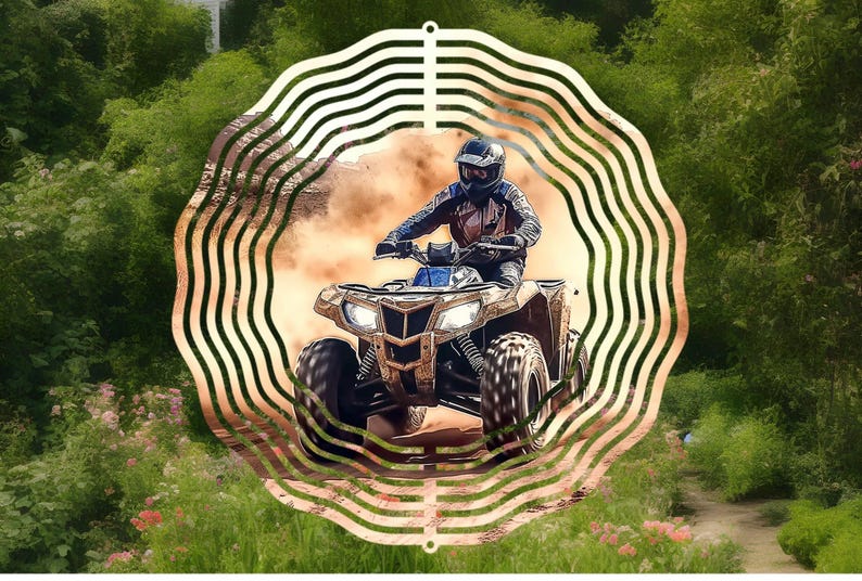 May include: A metal wind spinner with a circular design featuring a person riding an ATV on a dirt path. The spinner has a layered, wavy pattern in a gold color.