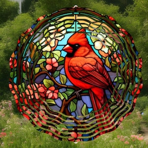 cardinal wind spinner,cardinal lover,cardinal gift,cardinal decor,cardinal designs,stained glass look,garden decor,friend birthday gift