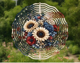 sunflower wind spinner,patriotic decor,sunflower gift,country home decor,country farmhouse decor,flower lover gift,garden decor,friend