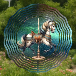May include: A metal wind spinner with a swirling, multi-colored design. A white carousel horse with a blue and gold saddle is featured in the center of the spinner.