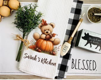 bear fall towel,personalized towel,personalized gift,fall kitchen towel,fall home  decor,pumpkin decor,cute kitchen decor,bear lover gift