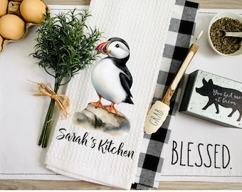 puffin kitchen towel,personalized towel,personalized gift,cute puffin,whimsical gift,puffin lover gift,whimsical gift,friend birthday gift